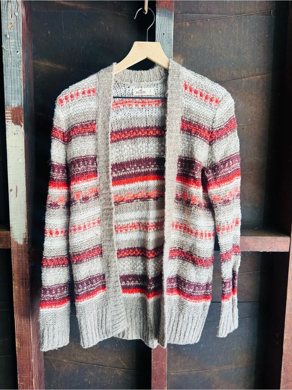 Hollister Chunky Striped Knit Sweater in Taupe, Cream & Red